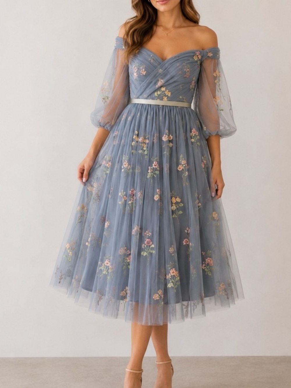 Slate Blue Floral Embroidered Tulle Midi Dress Off Shoulder Puff Sleeve Gown